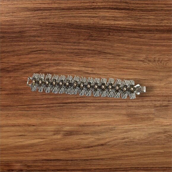 Vintage Coro Bracelet faux pearl Silver Tone 7" estate  1.25” Wide  bow - Picture 3 of 8